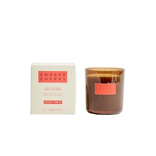 P.F. Candle Co. Smoked Cherry luxury double-wick soy candle, amber glass jar with kraft-paper label.