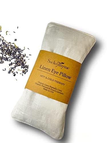 Sacksy Thyme organic linen eye pillow in soft lavender, photographed on white background.