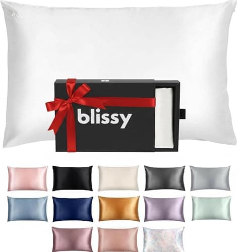 Blissy white mulberry silk pillowcase, photographed on plain white background.