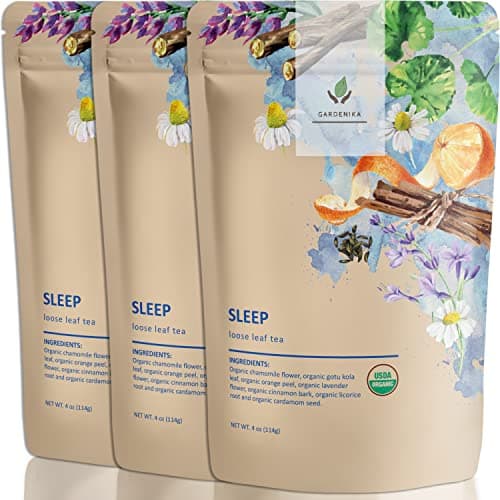 Gardenika Organic Sleep loose-leaf tea, three packs of chamomile and lavender Ayurvedic blend.